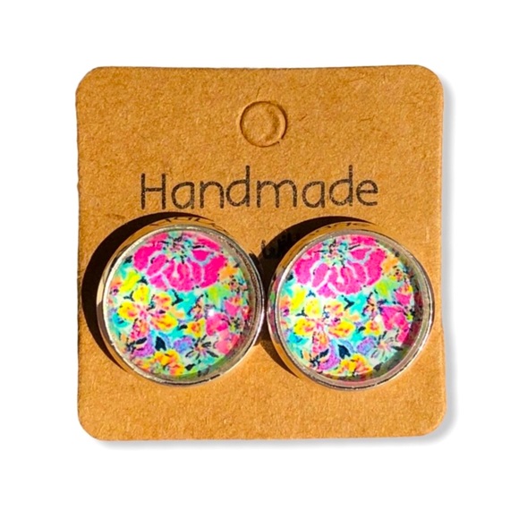 Cabana Bright Pink Floral Silver Stud Earrings - Picture 2 of 14